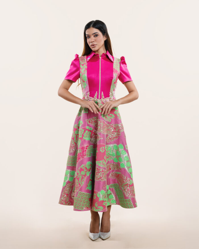 Pink Knee Length Dress - Zipper & Short Sleeve - Image 2