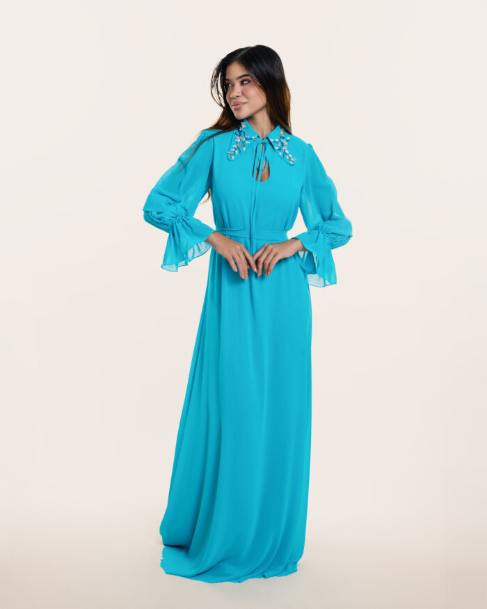 Turquoise Chiffon Long Dress - Image 3