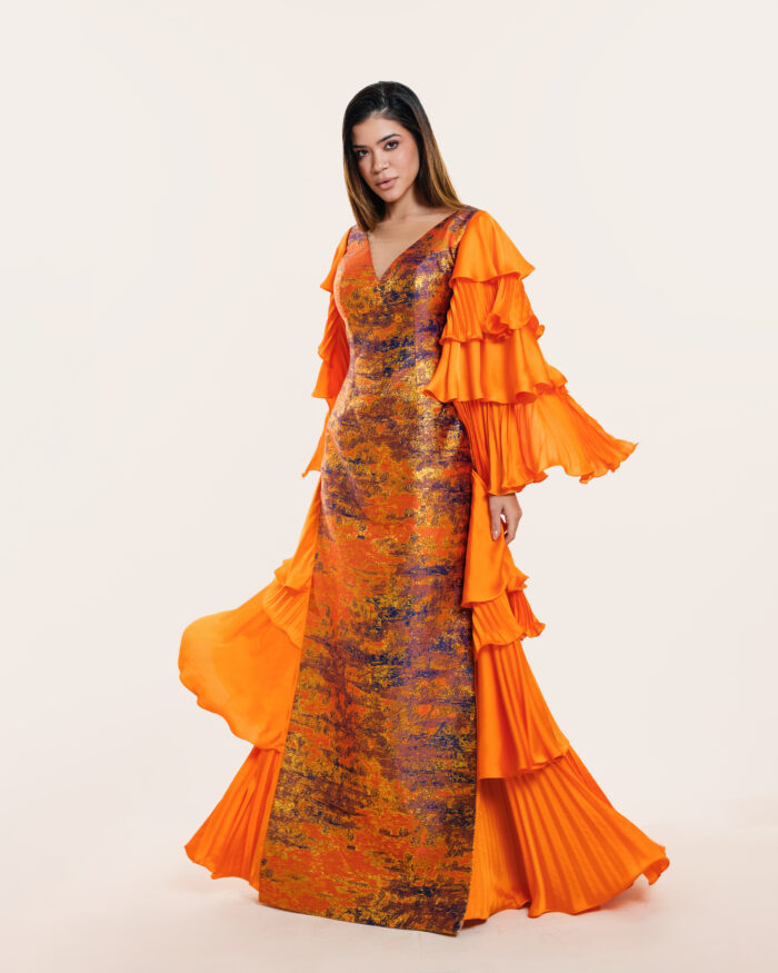 Orange Long Dress - Hands and Side Pleats - Image 3