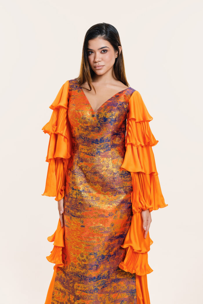 Orange Long Dress - Hands and Side Pleats - Image 2