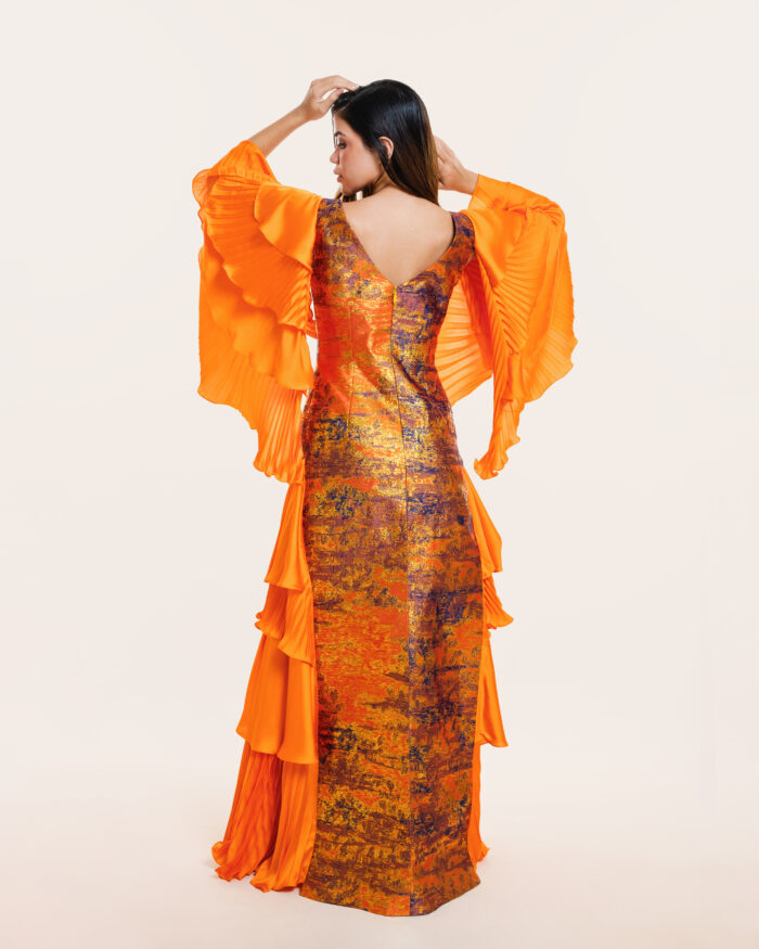 Orange Long Dress - Hands and Side Pleats - Image 5