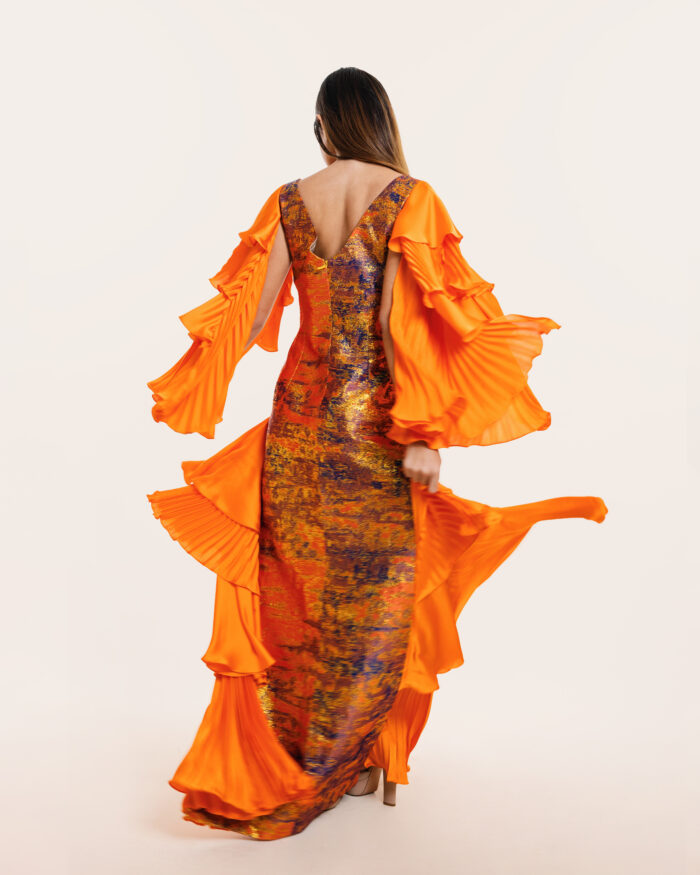Orange Long Dress - Hands and Side Pleats - Image 4