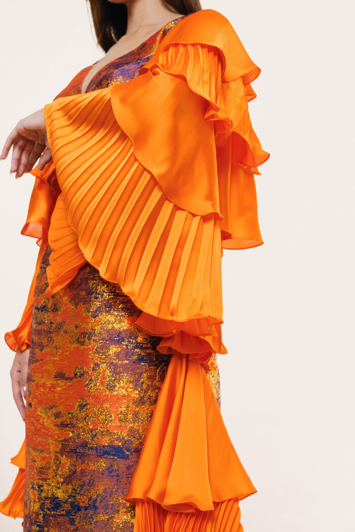 Orange Long Dress - Hands and Side Pleats - Image 6
