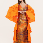 Orange Long Dress - Hands and Side Pleats