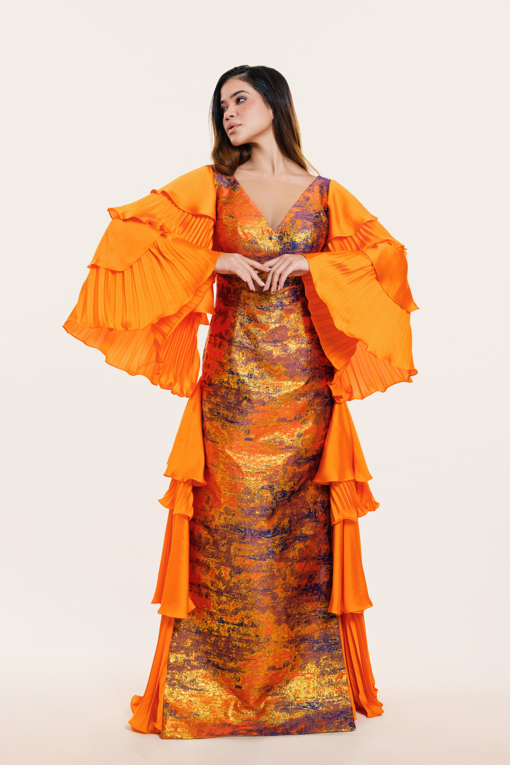 Untitled design (23) Orange Long Dress - Hands and Side Pleats - Image 1